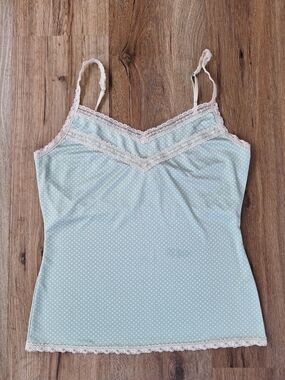 Women Y2K Polka Dot Cami Top Lace Trim Size Med V-neck Spaghetti Strap Camisole